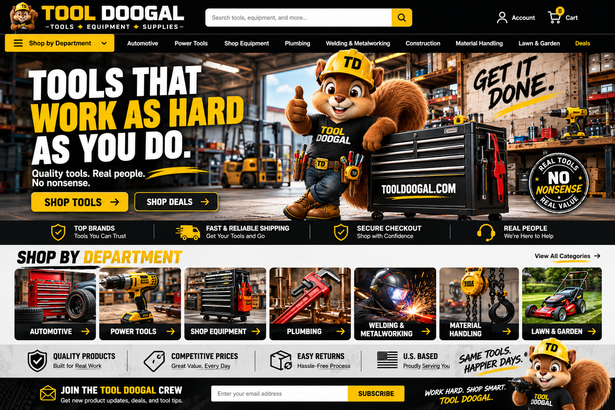 Tool Doogal cartoon squirrel mascot in a realistic workshop with black and yellow tool store branding