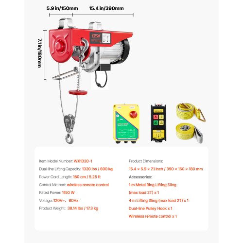 VEVOR 1320 lb 110V electric wire rope hoist with wireless remote