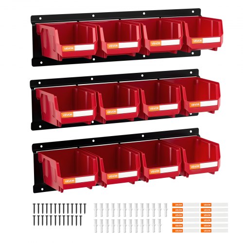 VEVOR wall mounted storage bins with 12 red bins and 3 metal rails